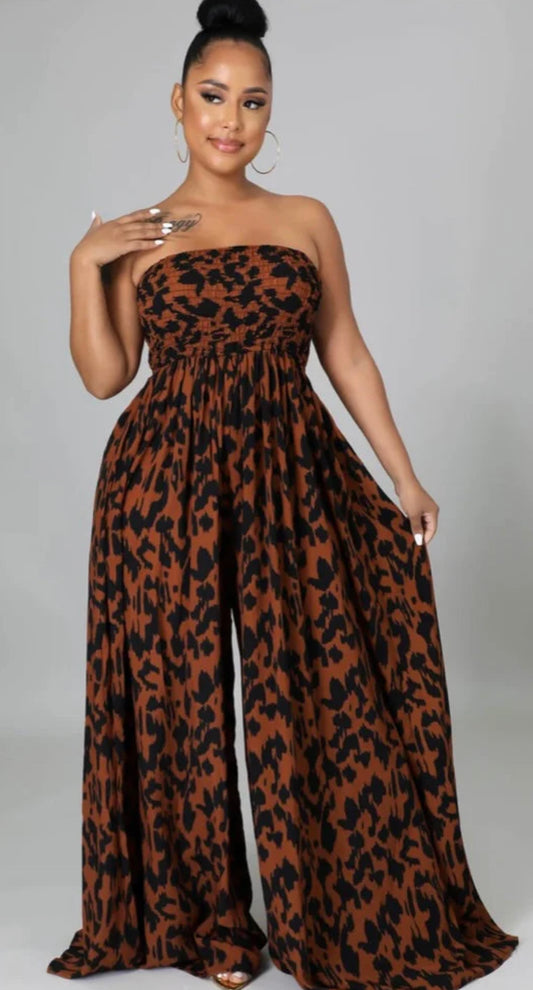 Animal Print Smocked Tube Wide Leg Jumpsuit