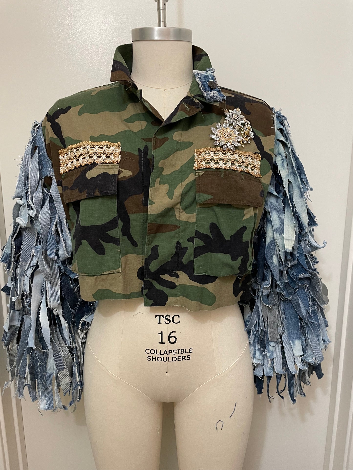 Army Jacket with Denim Fringe Sleeves