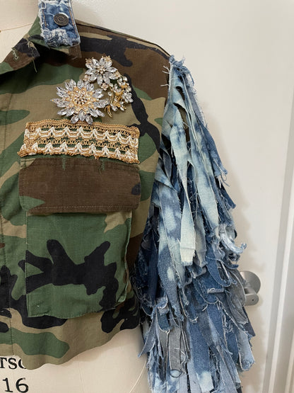 Army Jacket with Denim Fringe Sleeves