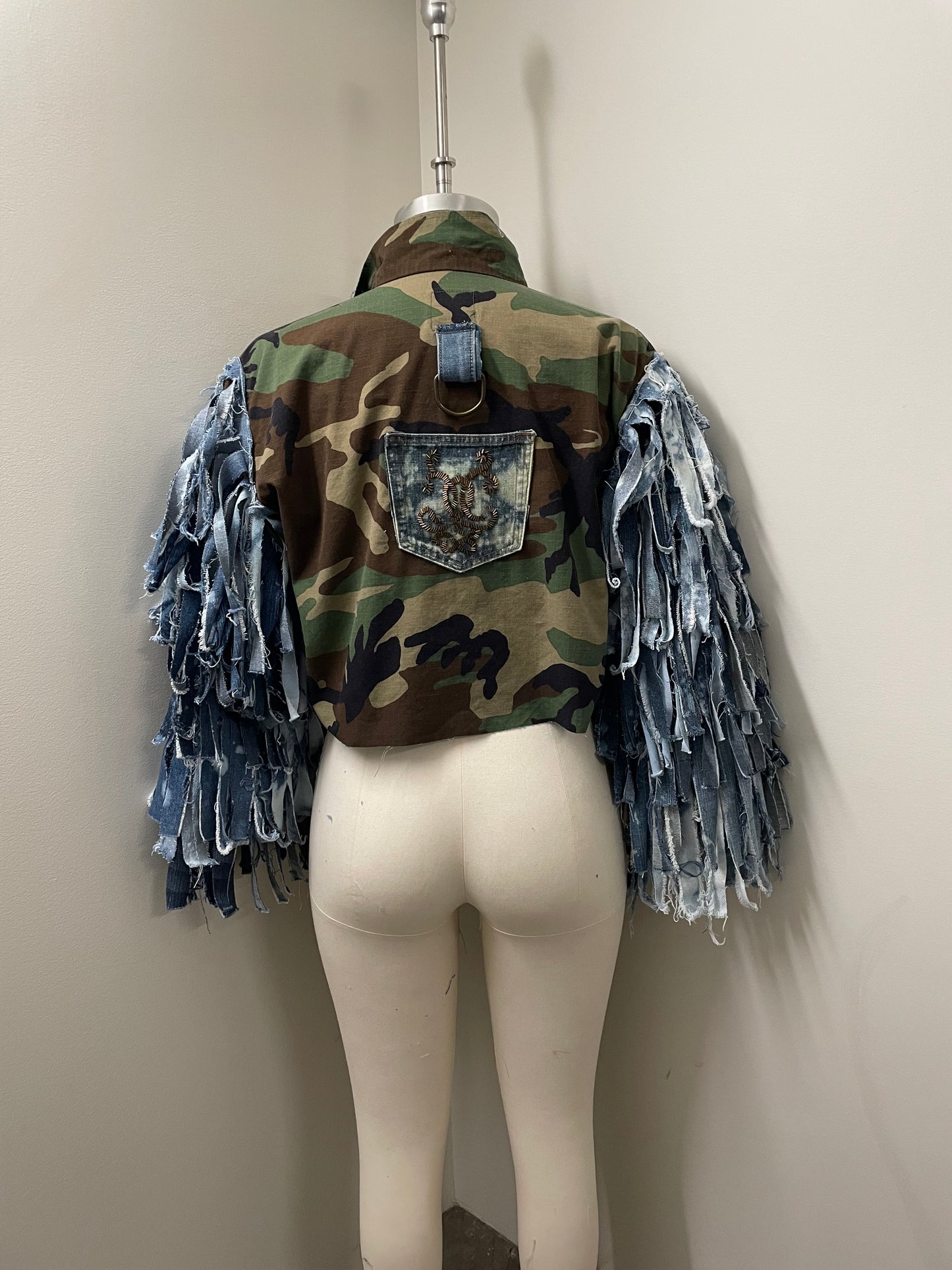 Army Jacket with Denim Fringe Sleeves